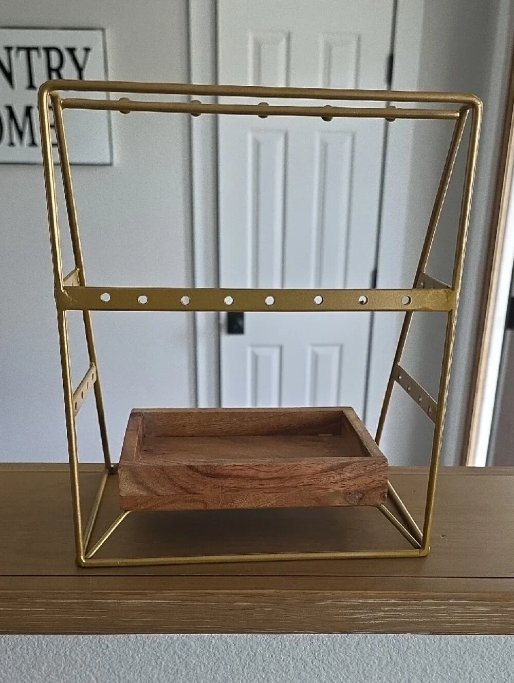 Gold Metal Jewelry Stand with Wooden Catchall - Home Dining